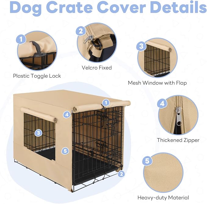 Seiyierr Dog Crate Cover - Kennel Cover Fit for 30 Inch, Double Door Polyester Crate Cover for Wire Dog Crate Indoor Outdoor Protection, Light Tan