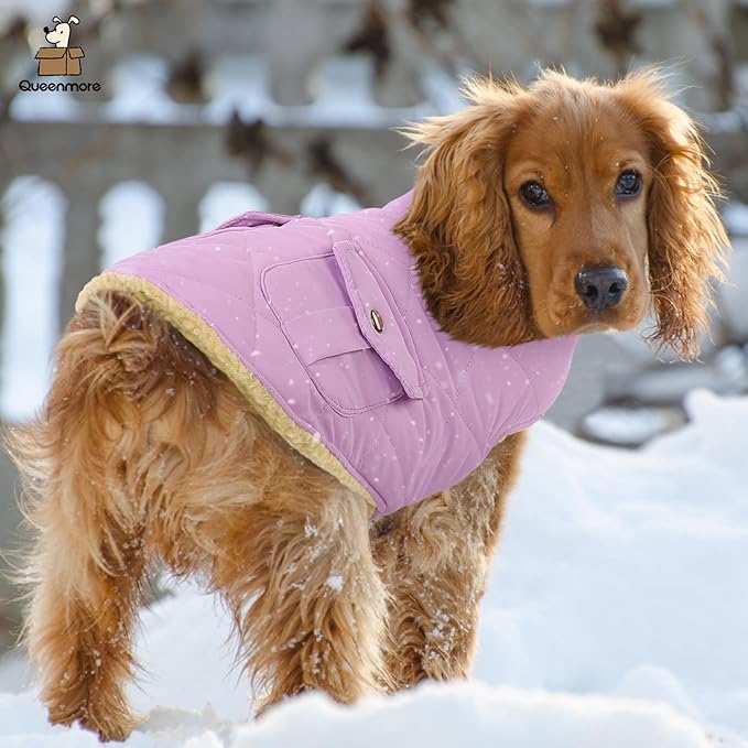 Queenmore Warm Dog Coat, Cold Weather Puffer Dog Coat Vest, Quilting Winter Pet Jacket Ultra Thick Plush Fleece Lining Pet Clothes for Dogs with Storage Pockets (Lilac,X-Large)