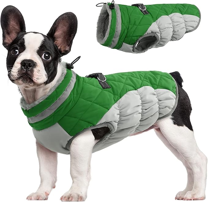 FUAMEY Dog Coat for Medium Dogs,Waterproof Dog Winter Jacket with Harness Built in Puppy Cold Weather Coats Reflective Pet Vest with Zipper Warm Fleece Dogs Snowsuit Windproof Green M