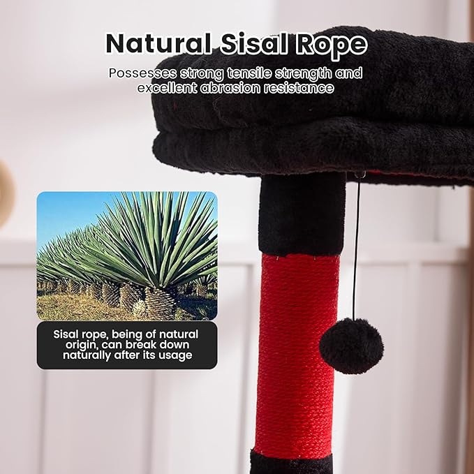Gardner Pet 65in Heavy Duty Cat Tree Tower for Large Cats, Multi-Level Cat Furniture with Replaceable Sisal Scratching Post, Hammock | Extra-Large Platform & Condo (Black Red, Basic φ:2.84")