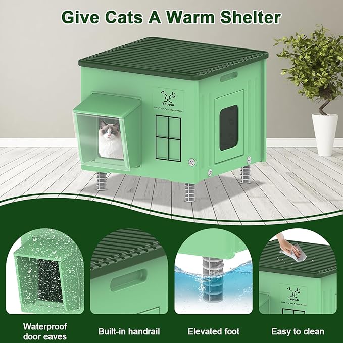 Tepoal 17.7"x17"x17.5" Plastic Heated Cat House for Outside Winter, Weatherproof Outside Cats Shelter with Safety Escape Doors and Heating Pads, Elevated Feral Cat House for Wild and Stray Cats Green