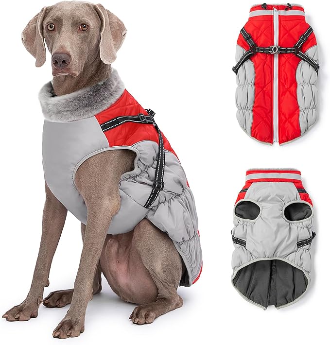 Dog Winter Coat with Harness, Dog Jacket, Pet Clothes with Zipper on Back, Waterproof Windproof Warm Vest, Reflective Cold Weather Coats, for Small Medium Large Dogs, Thick, Red,XS