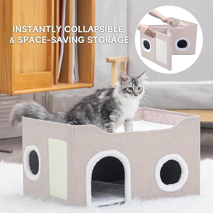 Gosipeya Cat House for Indoor Cats – Foldable Cat Cave & Covered Cat Bed, Cozy Hideaway for Small Pets and Large Cats (23.6"x16"x12.8"),Beige