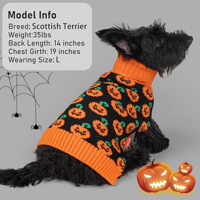 KYEESE Halloween Dog Sweater for Small Dogs with Leash Hole Adorable Pumpkin Pattern Turtleneck Doggie Outfit Soft Warm Knitwear Orange Knitted Dog Clothes Girl Festive Lightweight Halloween, Medium