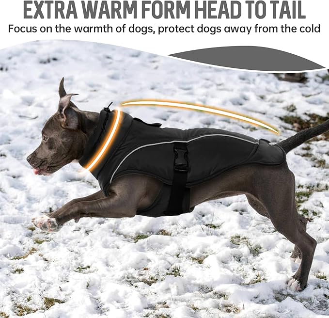 DENTRUN Winter Warm Dog Coat Reflective Jacket with Turtleneck for Cold Weather, Adjustable Buckle Windproof Water Repellent, Thick Snowsuit Fleece Vest for Small, Medium, Large Dogs, Black, XXXL