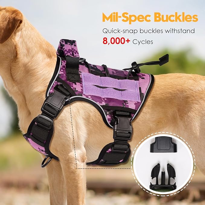 Heavy-Duty Tactical Dog Harness for Large Dogs, No Pull Adjustable Reflective Pet Vest with Molle System, K9 Military-Grade Control for Service Training, Outdoor & 10+ Breeds, Purple Camo, Medium