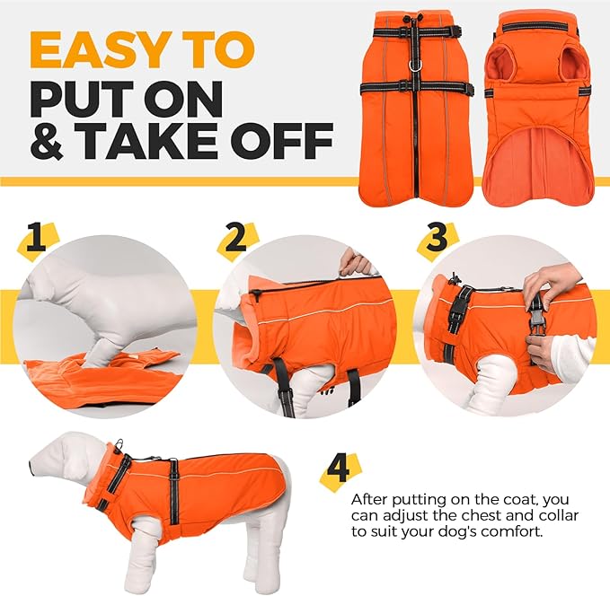 Lelepet Dog Winter Coat Waterproof Dog Jacket with Harness Built in Windproof Reflective Pet Coats for Small Medium Large Dogs, Thermal Fleece Lined Coats for Cold Weather Walking Hiking, Orange, XXL