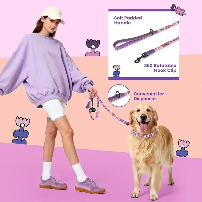 Dog Collar and Leash Set with QR ID Tag, 5 FT Leash, Purple, M