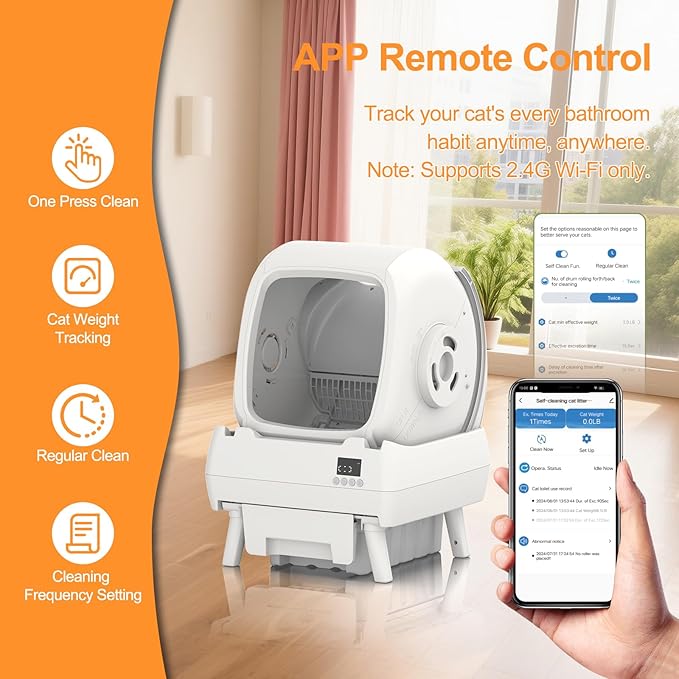 FRCFRC Automatic Cat Litter Box Self Cleaning - App Control, Cat Toilet Records, Suitable for Medium Cats and Kittens, Anti-Pinch Safety, Low Noise Operation【Assembly Required】- White
