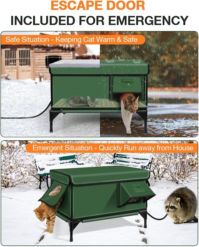 Indestructible Heated Cat House for Outside Winter, 100% Waterproof, Safe Escape Door, Insulated Outdoor Cat Shelter with Heater for Feral Barn Cat Kitty (Green, 24"x15"x18")