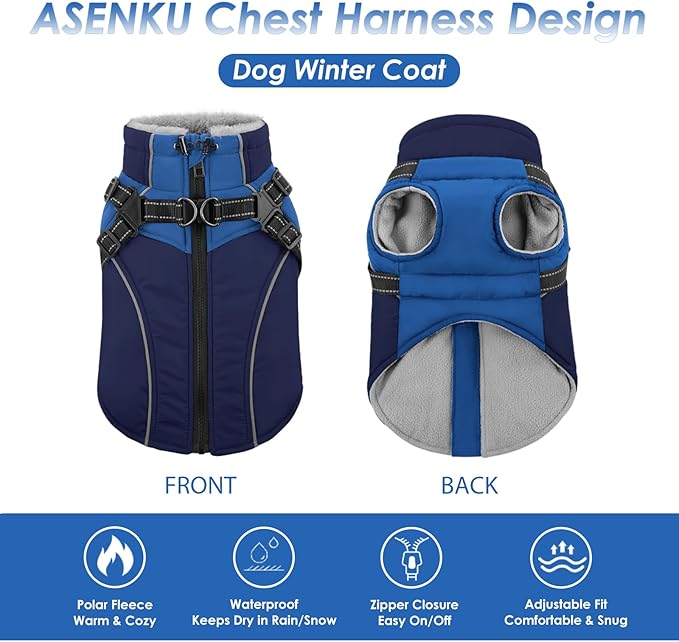 ASENKU Reflective Dog Coat with Built-in Harness, Windproof Fleece-Lined Dog Jacket for Small, Medium, Large Dogs, Warm Winter Vest with Turtleneck & Zipper (Navyblue XS)