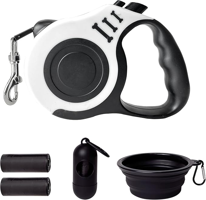LIEVUIKEN Retractable Dog Leash Automatic Telescopic Tractor Dog Tape, Pet Tape 10/16 FT Durable and Convenient, with Folding Bowl, Dispenser, Rubbish Bags, Suitable for Small and Medium Dogs