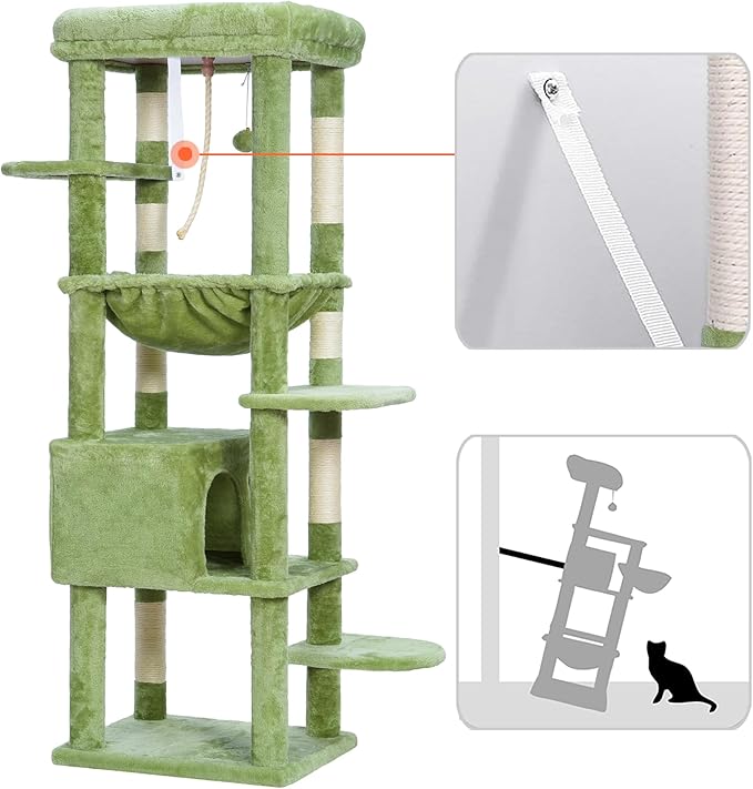 Heybly Cat Tree for Large Cats 20lbs Heavy Duty,60 inches XXL Cat Tower for Indoor Cats, Multi-Level Furniture Condo with Big Padded Plush Perch, Cozy Basket, Green HCT050GR