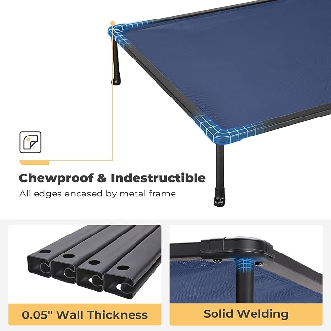 Veehoo Chewproof Elevated Dog Bed - Cooling Raised Pet Cot, Breathable Mesh, Washable & Non-Slip for Medium Dogs, Indoor/Outdoor, Blue Mat and Black Frame, 32x25inches (Model CWC2203A03)