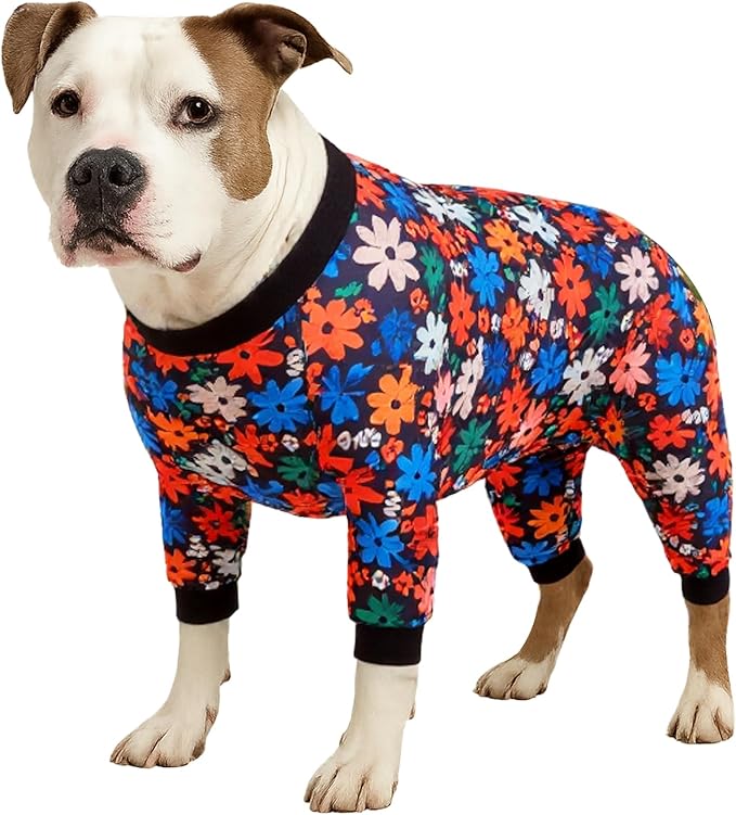 LovinPet Large Dog Clothes, Anti Licking Shirt, Wound Care Dog PJS, Stretchy Skin-Friendly Fabric, Wild Daisy Black Print, Pitbull Clothes, Pajamas for Pitbulls, Medium