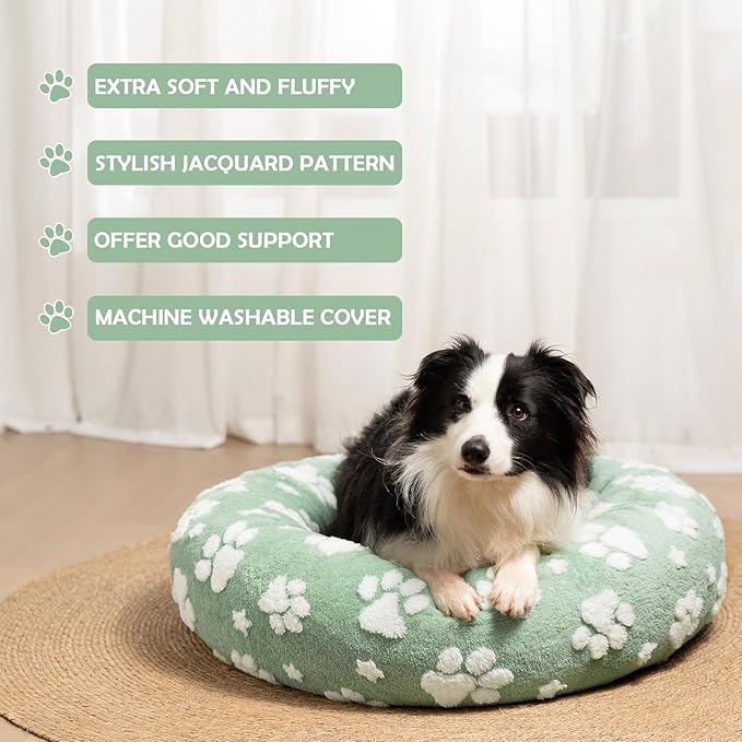 Yaning Donut Dog Beds for Small Dogs, Calming Round Cat Beds for Indoor Cats, Cute 3D Textured Paw Pet Bed with Removable Washable Cover and Anti-Slip Bottom（Green，23"）