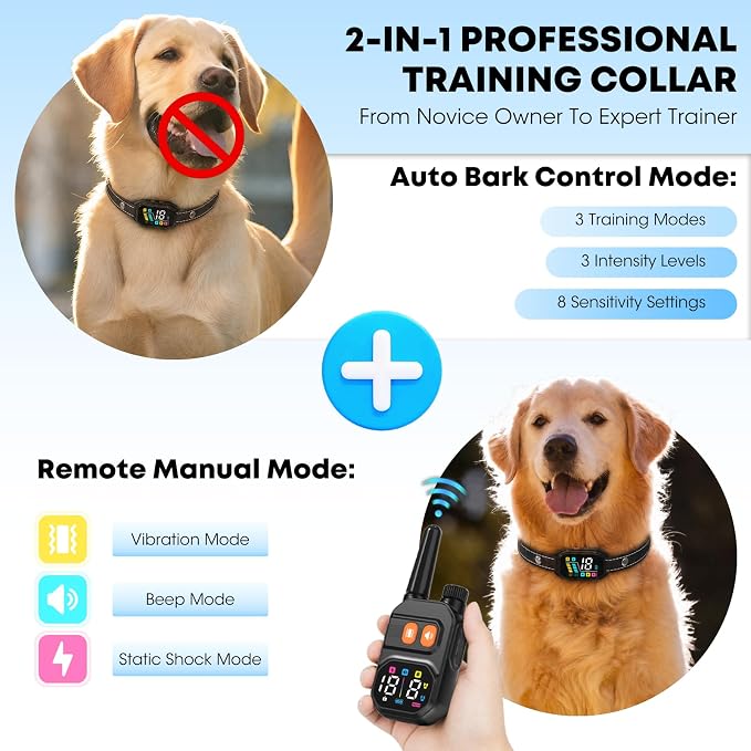 Dog Bark Collar with Remote: 2-in-1 Bark & Shock Collar, 2 Dogs