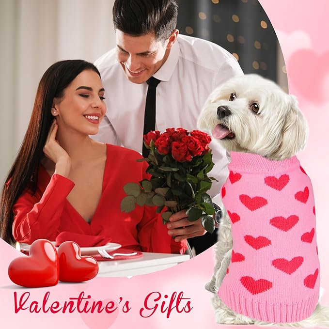 2 Pack Valentine Dog Sweater Dog Valentines Clothes Outfit Knitted Heart Sweater for Small Medium Large Dogs Pets (Red & Pink, Small)
