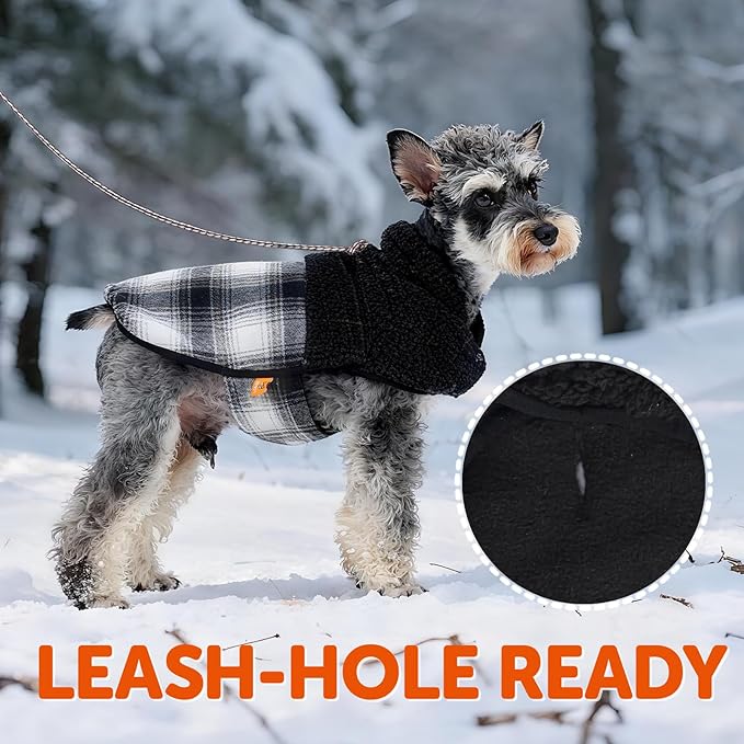 FOFOS Dog Winter Coat, Plush Dog Jacket with Leash Hole, Adjustable Warm Pet Snow Vest for Small Medium Dogs, Black, M