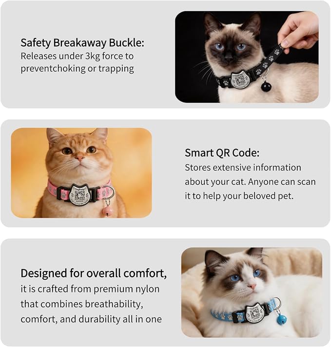 Breakaway Cat Collar with QR Code Tag and Bell (Yellow & Green) | Reflective Nylon, Quick-Release Buckle