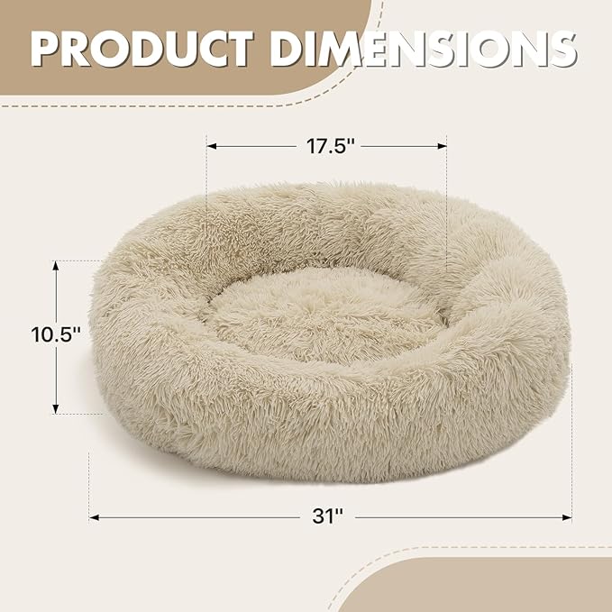 Athena Collection Washable Dog Bed Medium Size Dog, Cat Bed for Indoor Cats, 31 Inches Fluffy Faux Fur Round Pet Bed Calming Cozy Soft Warming Donut for Medium Puppy Kitten, Beige