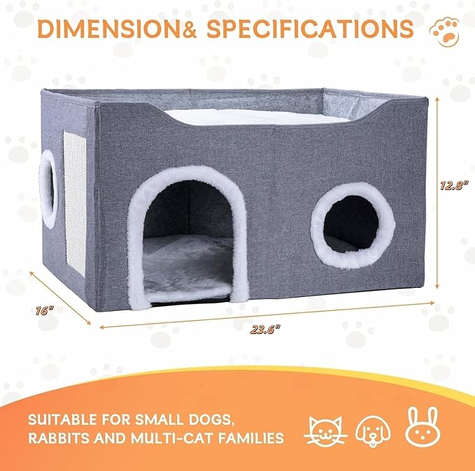 Gosipeya Cat House for Indoor Cats – Foldable Cat Cave & Covered Cat Bed, Cozy Hideaway for Small Pets and Large Cats (23.6"x16"x12.8"),Grey