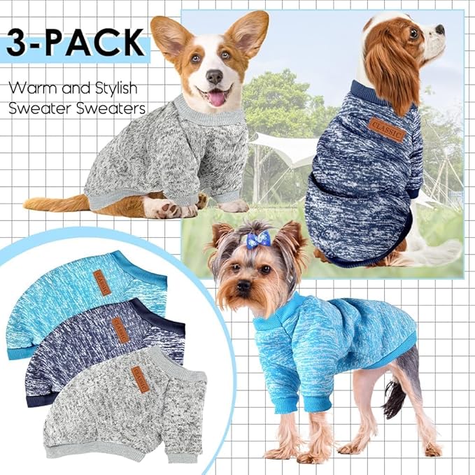 3 Pack Dog Sweaters for Small Dogs Girl Boy Winter Fleece Clothes Warm Soft Dog Sweatshirt Outfit for Dogs Cats Pet Apparel (Navy Blue+Grey+Light Blue, Small)