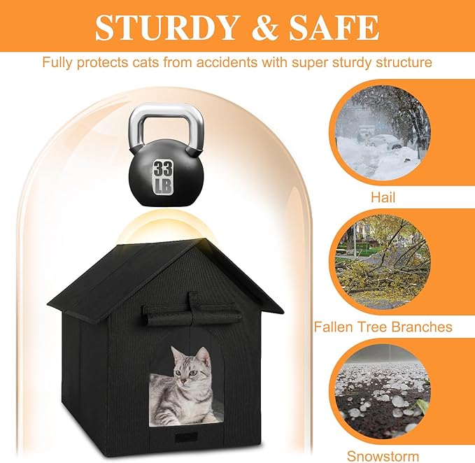 Large Heated Outdoor Cat House Double Door Heater Cats Shelter,Weatherproof Foldable Heat Kitty House with Insulated Kitten Heating Pad Bed for Feral Barn Cat Kitten Puppy Outside Pets in Winter