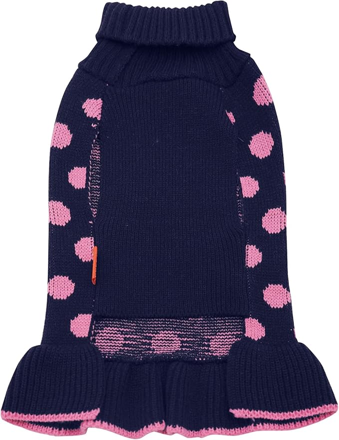 KYEESE Dog Sweaters with Leash Hole Small Dogs Sweater Dress Polka Dot Knitwear Warm for Girl Dog Clothes with Pom Pom Ball, M
