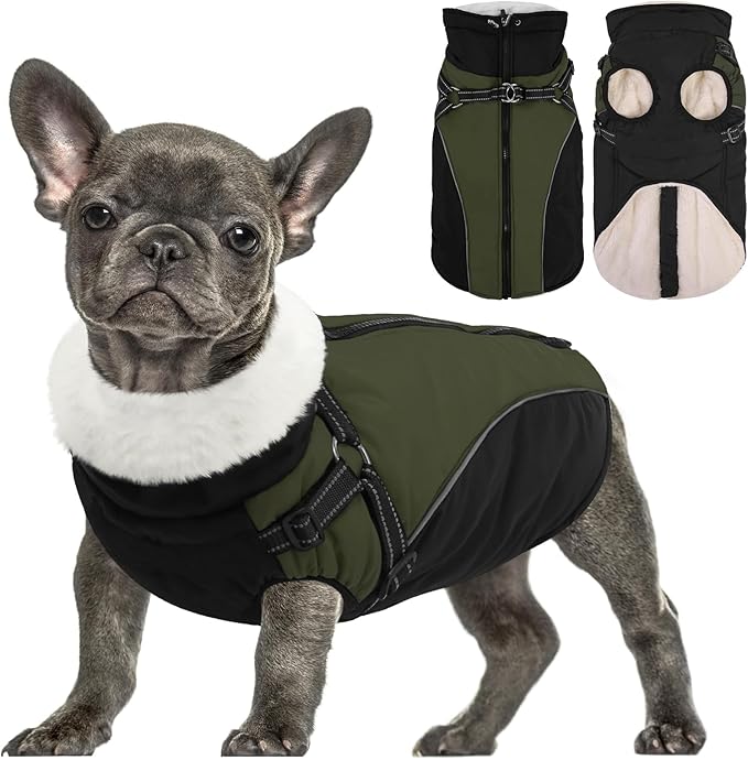 Queenmore XXL Dog Jacket with Harness Built-in, Winter Coat for Large Sized Dogs, Warm Puffer Jacket, Cold Weather Outdoor Snow Parka Coat - Fleece Lined Waterproof High-Vis Easy On Green/Black