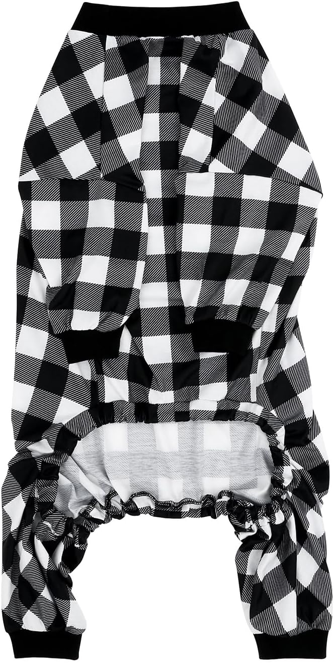 HDE Dog Pajamas One Piece Jammies Jumpsuit Pet Clothes Outfit Stretchy Lightweight Comfy Shirt Pjs for M-3XL Dogs Black & White Buffalo Plaid - L