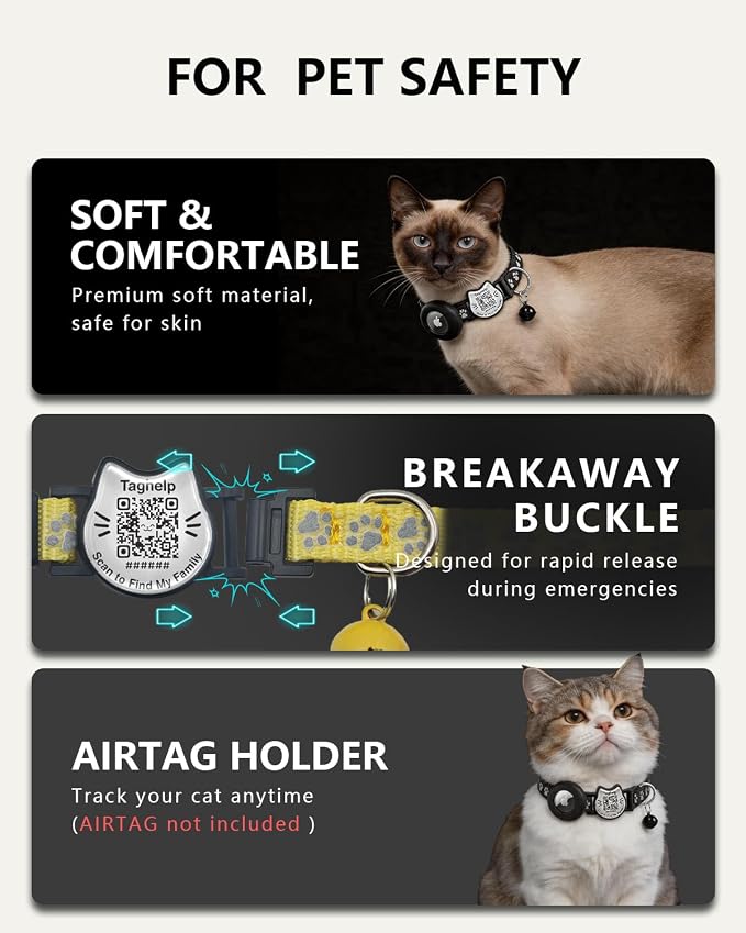 Cat Collar with AirTag Holder, QR Code Tag and Bell (Rose red, Paw Pattern)