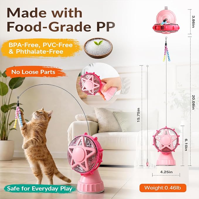 HCY&WLD 2-in-1 Cat Toys Food Dispenser & Teaser Interactive Toys (Pink) | Multi-Play Puzzle Toy For Indoor Cats, Kitten Slow Feeder, Adjustable Treat Dispensing, Mental Stimulation, Boredom Buster