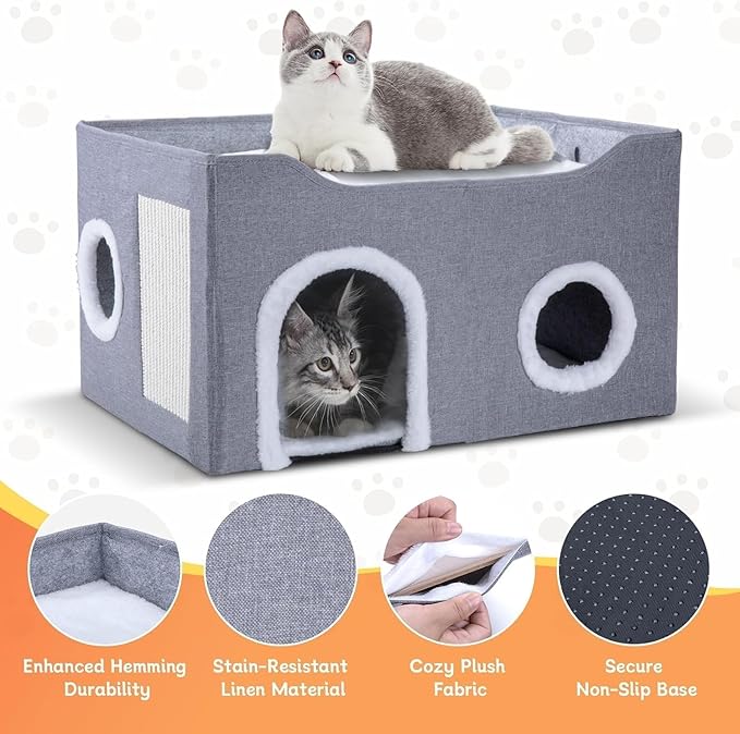 Gosipeya Cat House for Indoor Cats – Foldable Cat Cave & Covered Cat Bed, Cozy Hideaway for Small Pets and Large Cats (23.6"x16"x12.8"),Grey