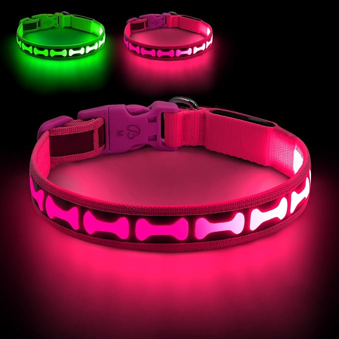 Flashseen LED Dog Collar Light Up USB-C Rechargeable, Pink, Small