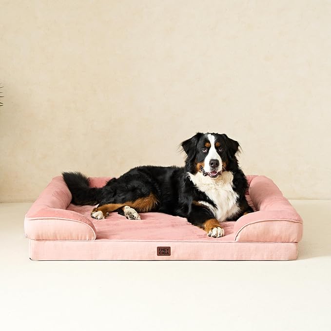 EHEYCIGA Orthopedic XL Dog Beds, Waterproof Memory Foam Dog Bed for Extra Large Dogs, Non-Slip Bottom and Egg-Crate Foam Big Pet Couch Bed with Washable Removable Cover, Dusty Pink