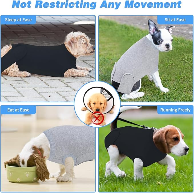 2 Packs Breathable Cotton Dog Recovery Suit for After Neuter Spay Abdominal Wounds Protector, Professional Anti-Licking Onesies for Male Female Pets Surgery Bandages, S Black Grey Pure