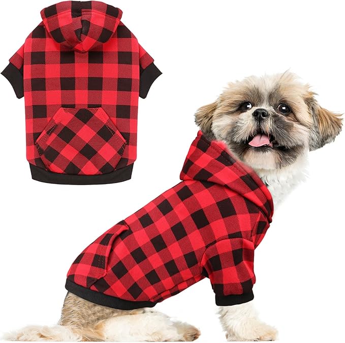 Dog Sweater Red Buffalo Plaid Pet Clothes Warm and Soft Breathable Cozy Small Pet Hoodies Dog Sweaters for Small Dogs with Pocket(XS)