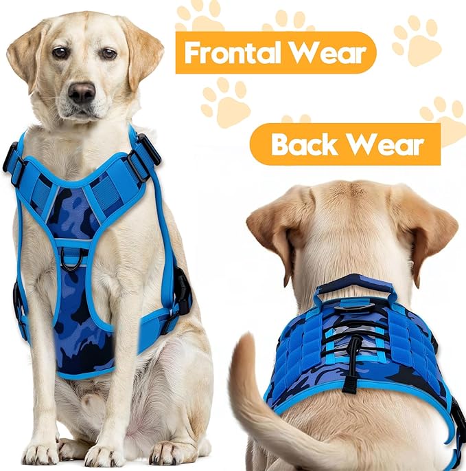 Heavy-Duty Tactical Dog Harness for Large Dogs, No Pull Adjustable Reflective Pet Vest with Molle System, K9 Military-Grade Control for Service Training, Outdoor & 10+ Breeds, Blue Camo, XX-Large
