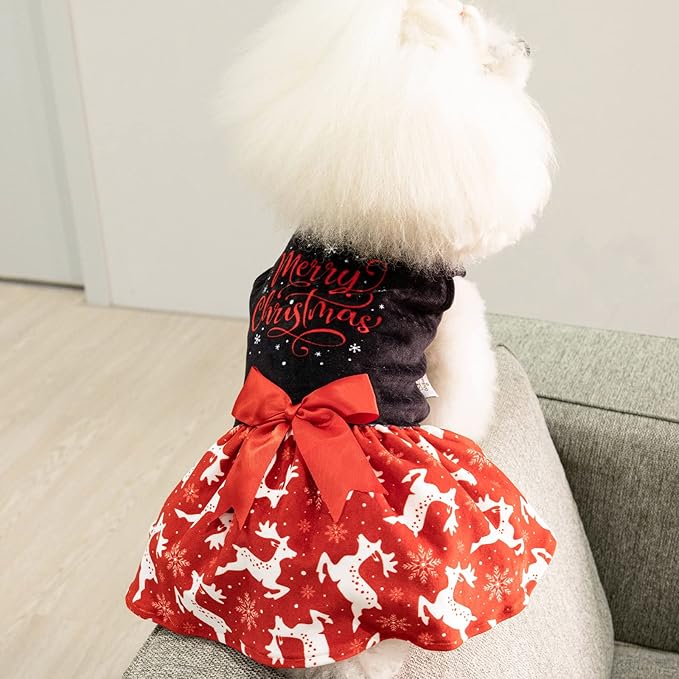 CuteBone Merry Christmas Dog Dress Velvet for Small Dogs Girl Reindeer Puppy Dresses Red Dog Clothes CVA04XXS-D