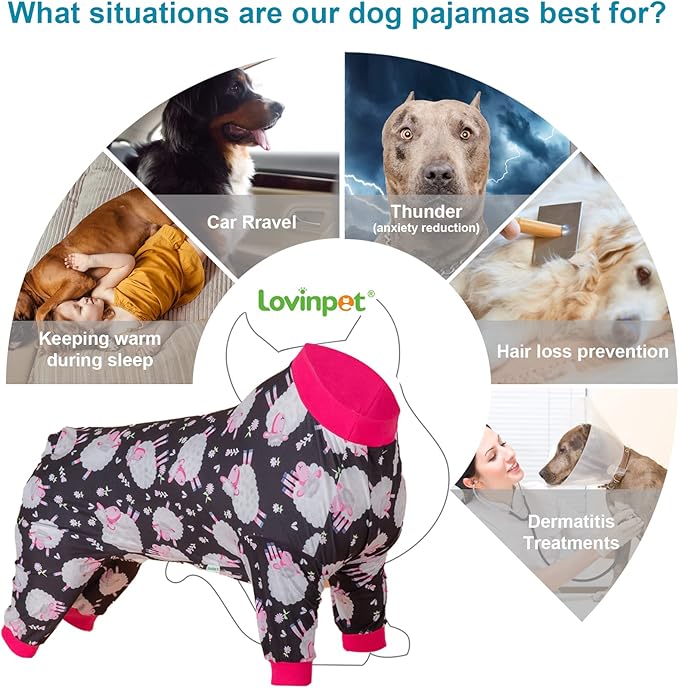 LovinPet Doberman Pajamas, Anxiety Calming Dog Jumpsuit, Lightweight Onesie, Black Sheep Print, Large Dog Pjs, Long Sleeve Pullover for Dogs/Medium