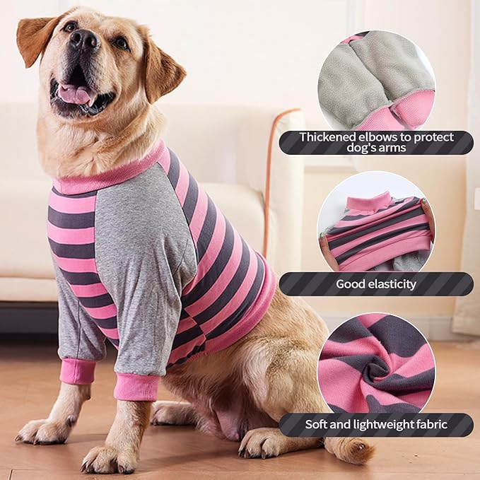 FUAMEY Dog Recovery Sleeve with Elbow Protector,Dogs Shirt Stop Licking Joints,Pet Long Sleeve Suit Protecting Dog's Front Leg Arm Wounds Cover Skin Conditions Pink Stripes 3XL
