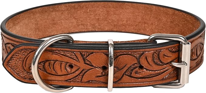 TARICO Adjustable Leather Dog Collar for All Breeds, Heavy Duty Non Padded Pet Collar with Engraved Design Durable Metal Buckle - Tan (Large: Fits 17–21" Necks)