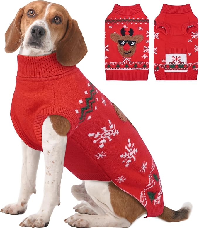 Dog Christmas Sweater, Red Knit Sweater with Leash Hole, Warm Turtleneck Sweaters for Medium Dogs Boy Girl, Fall Winter Pet Sweater Holiday Reindeer M