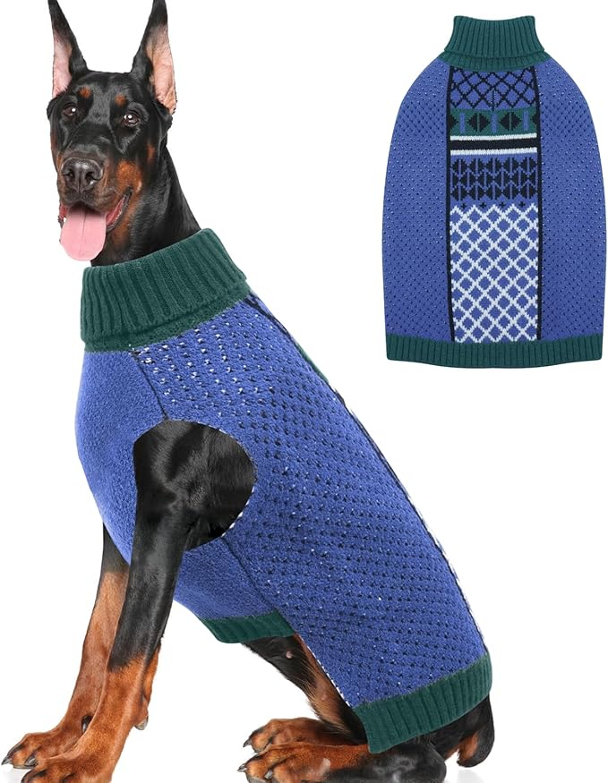 Warm Sleeveless Dog Sweater with Leash Hole, Turtleneck Fall Winter Knit for Large Breeds, Christmas Sweaters for Dogs Doberman Great Dane, Blue XXXXL