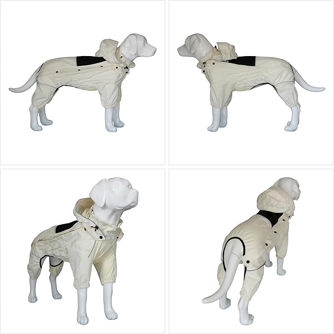 LOVELONGLONG Waterproof Dog Raincoat with Removable Hood – Outdoor Full Body Dog Jacket, Windproof Snowproof Shell Suit – All Season Pet Rain Gear Ivory XXS