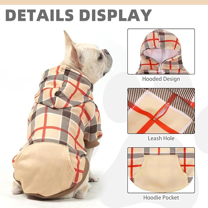 KOOLTAIL Plaid Dog Hoodie for Small Medium Large Dogs - Pet Clothes Sweater with Hat and Pocket for Cold Weather Winter, Warm Soft Dog Hooded Sweatshirt Coat Outfit for Puppy Cats Girls Boys Beige XL