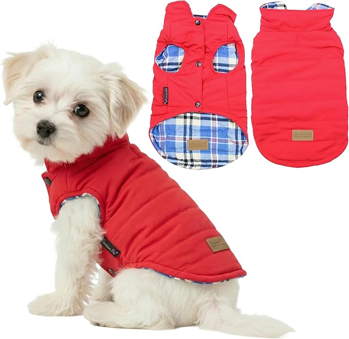 Parisian Pet Dog Reversible Jacket – British Style Plain/Plaid Winter Coat – Windproof Sweaters for Cold Weather – Warm Dog Vest – Soft Jacket for Medium Dogs M
