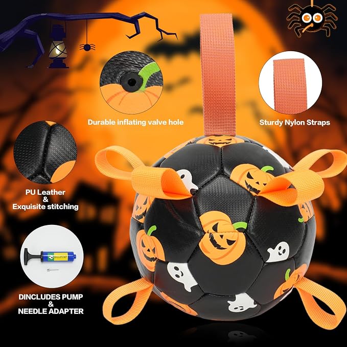 Dog Toys Balls, Dog Soccer Ball with Straps, Dog Birthday Gifts, Durable Balls for Small Medium Pet, Puppy Outdoor Toy, Pet Training Soccer Ball, World Cup Soccer (7.25 Inch) (Ghost, Large)