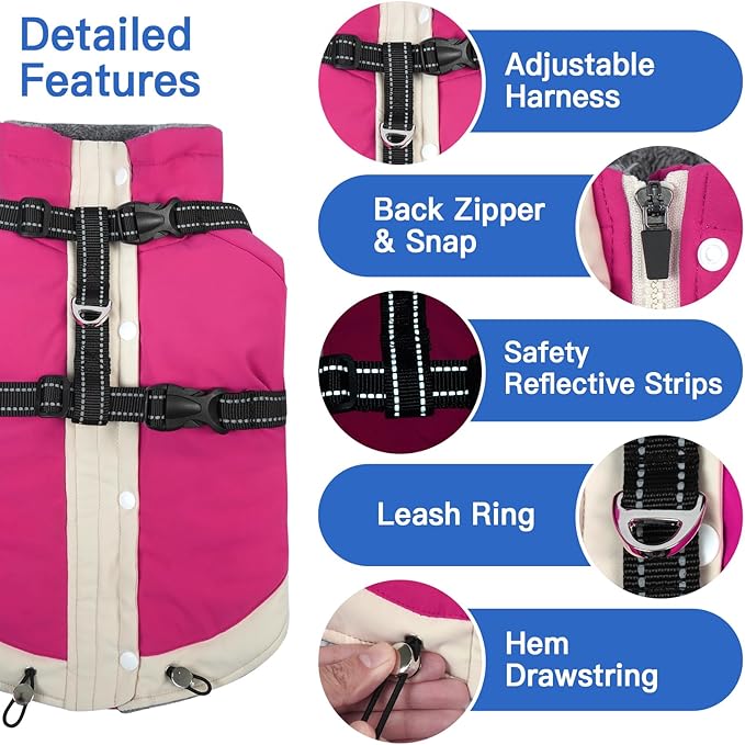 Turtleneck Dog Coat with Harness Built in - S,Soft Warm Lining | Adjustable Reflective Harness Coats for Small Dogs,Snow Day Water-Repellent,Windproof & Cold-Resistant Jacket (Rosered)